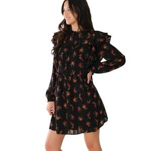 Easy Clothes Black Floral‎ Elane Ruffle Mini Dress Small NWT Long Sleeve Smocked